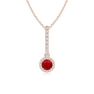 4mm AAA Dangling Round Ruby and Diamond Halo Pendant in Rose Gold