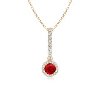 4mm AAA Dangling Round Ruby and Diamond Halo Pendant in Yellow Gold