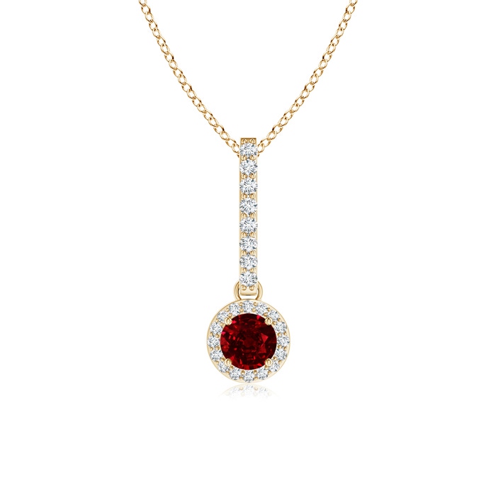4mm Lab-Grown Dangling Round Ruby and Diamond Halo Pendant in Yellow Gold 
