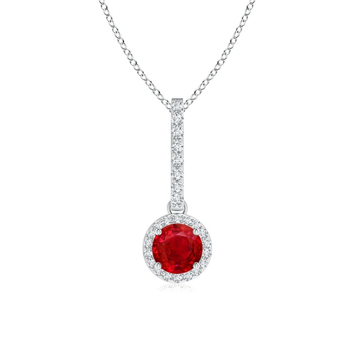 5mm AAA Dangling Round Ruby and Diamond Halo Pendant in White Gold 