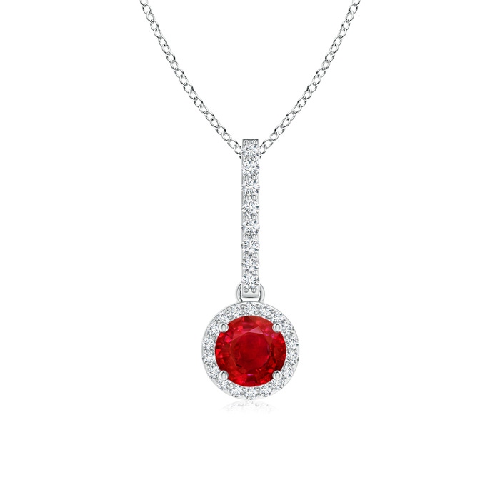 5mm AAA Dangling Round Ruby and Diamond Halo Pendant in White Gold