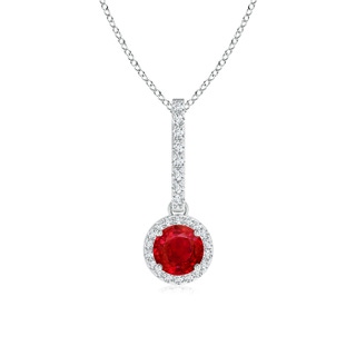 5mm AAA Dangling Round Ruby and Diamond Halo Pendant in White Gold