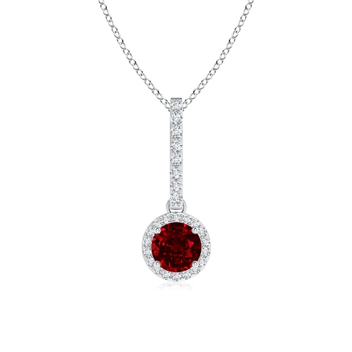 5mm Lab-Grown Dangling Round Ruby and Diamond Halo Pendant in White Gold