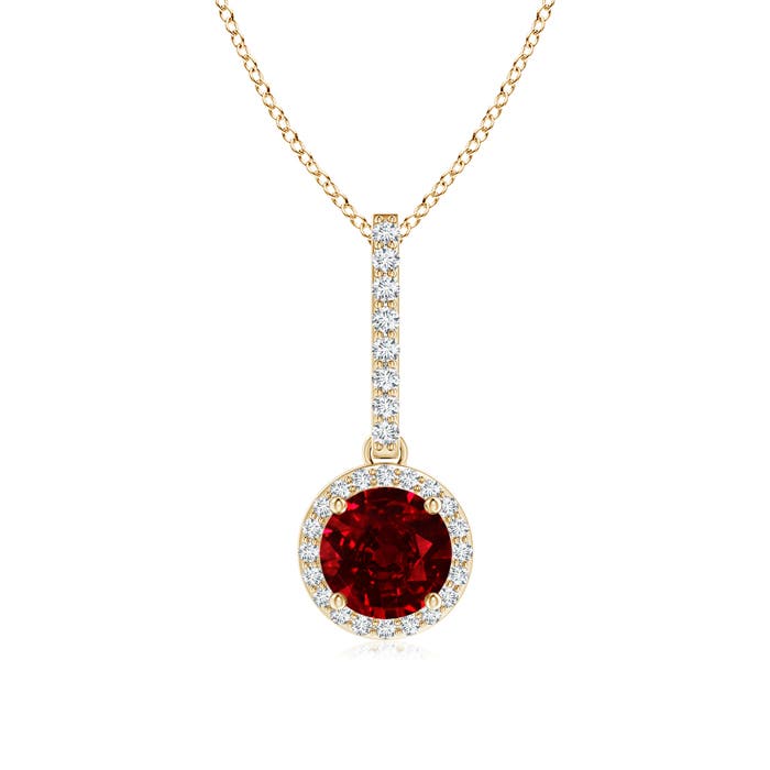 6mm AAAA Dangling Round Ruby and Diamond Halo Pendant in Yellow Gold