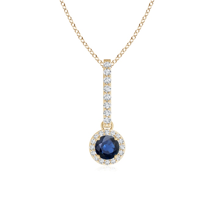4mm AA Dangling Round Sapphire and Diamond Halo Pendant in Yellow Gold 