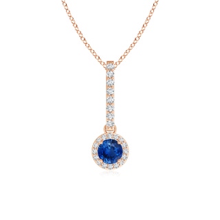 4mm AAA Dangling Round Sapphire and Diamond Halo Pendant in Rose Gold