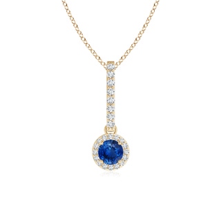 4mm AAA Dangling Round Sapphire and Diamond Halo Pendant in Yellow Gold