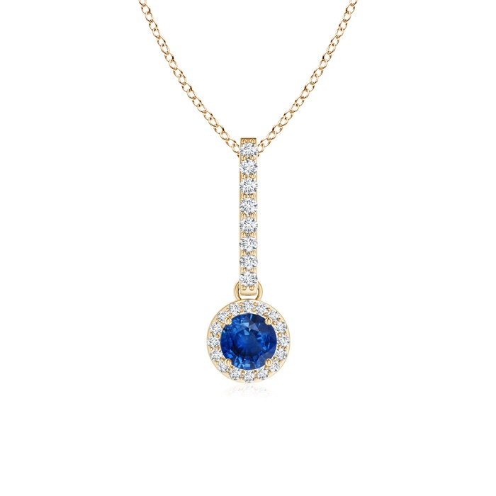 4mm AAA Dangling Round Sapphire and Diamond Halo Pendant in Yellow Gold 