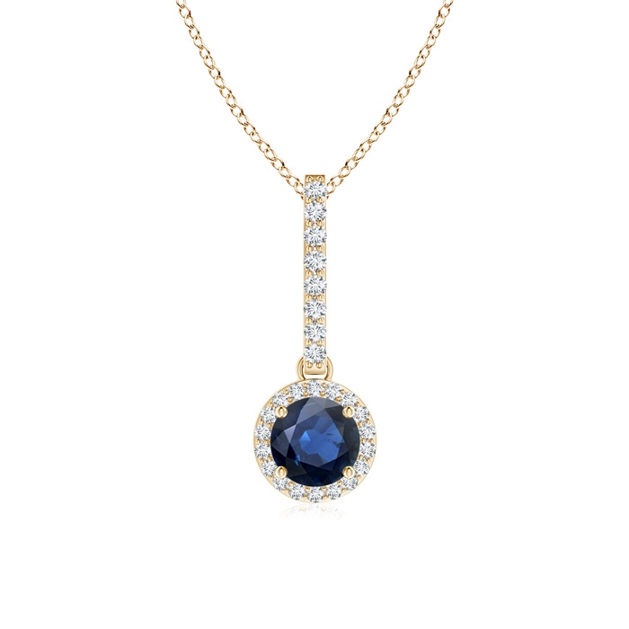 5mm AA Dangling Round Sapphire and Diamond Halo Pendant in Yellow Gold 