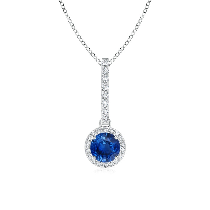 5mm AAA Dangling Round Sapphire and Diamond Halo Pendant in White Gold 