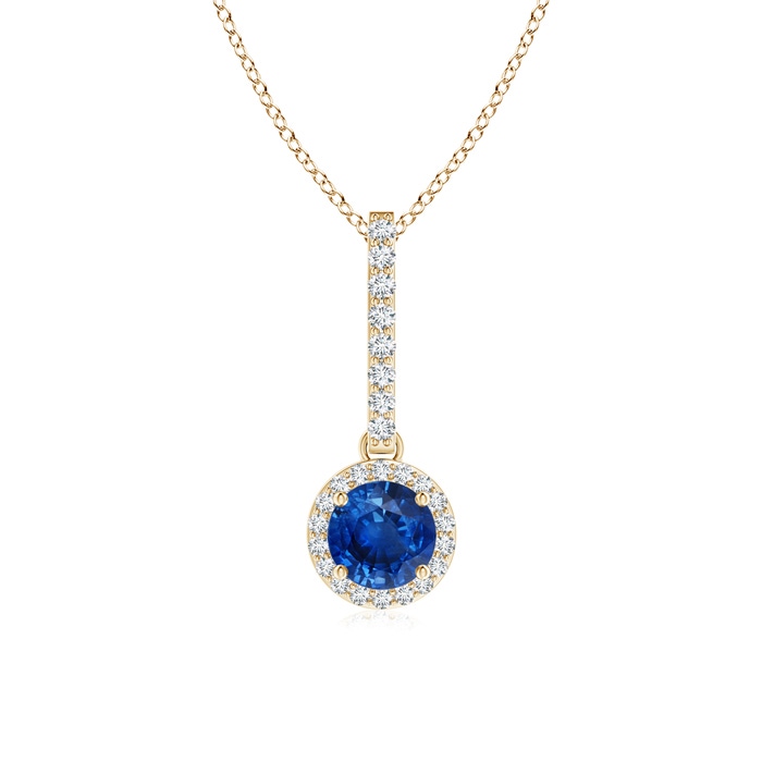 5mm AAA Dangling Round Sapphire and Diamond Halo Pendant in Yellow Gold 