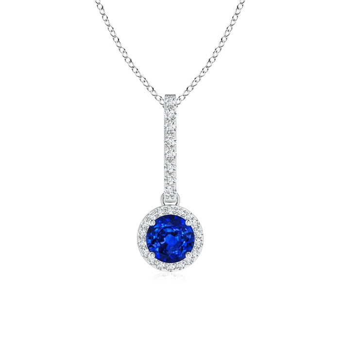 5mm AAAA Dangling Round Sapphire and Diamond Halo Pendant in White Gold 