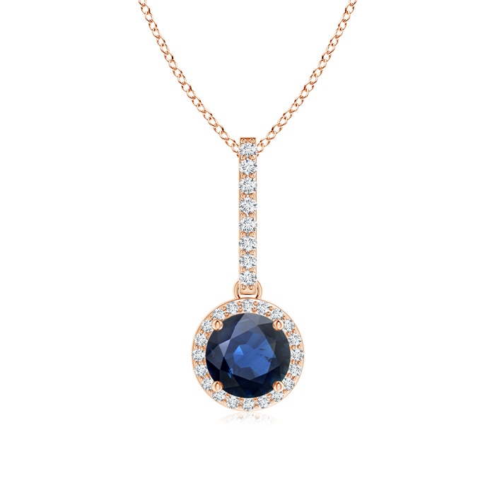 6mm AA Dangling Round Sapphire and Diamond Halo Pendant in Rose Gold 