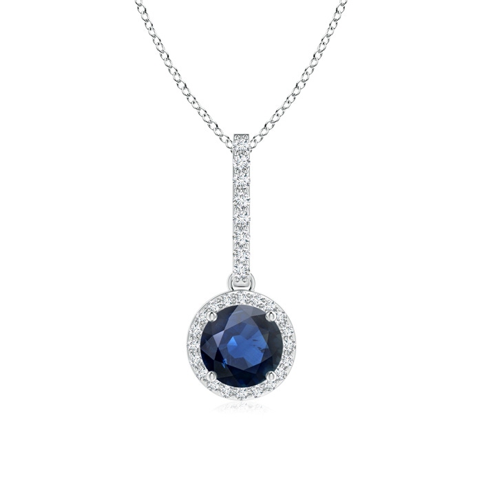 6mm AA Dangling Round Sapphire and Diamond Halo Pendant in White Gold 