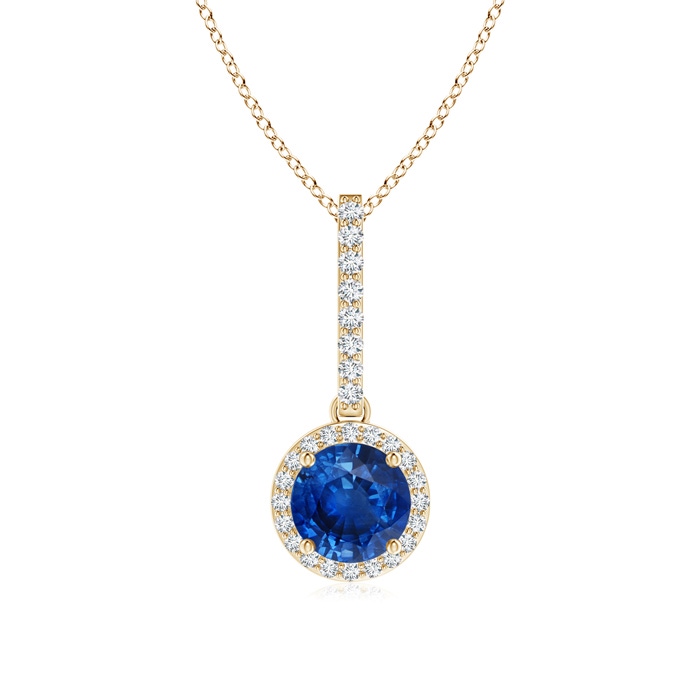 6mm AAA Dangling Round Sapphire and Diamond Halo Pendant in Yellow Gold 