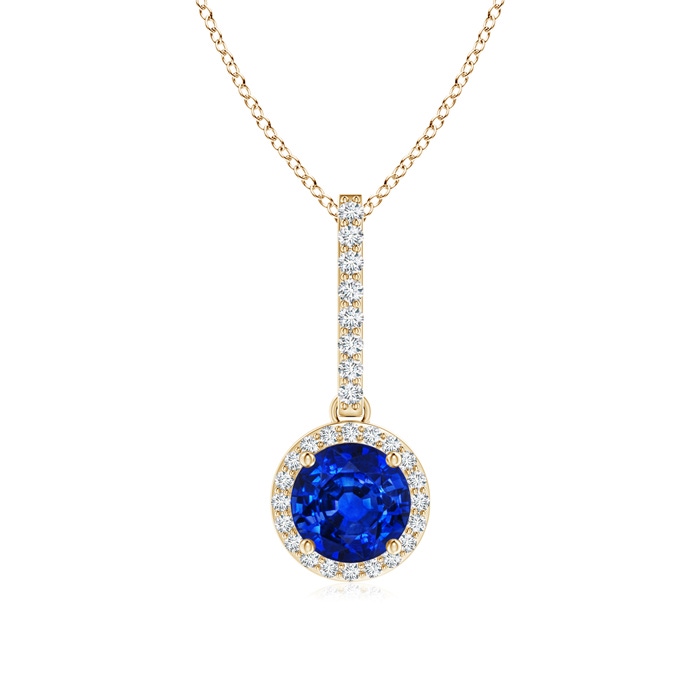 6mm AAAA Dangling Round Sapphire and Diamond Halo Pendant in Yellow Gold 