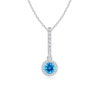 4mm AAAA Dangling Round Swiss Blue Topaz and Diamond Halo Pendant in White Gold