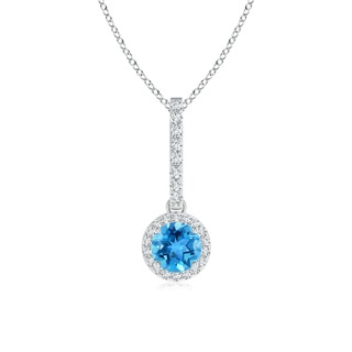 5mm AAA Dangling Round Swiss Blue Topaz and Diamond Halo Pendant in White Gold