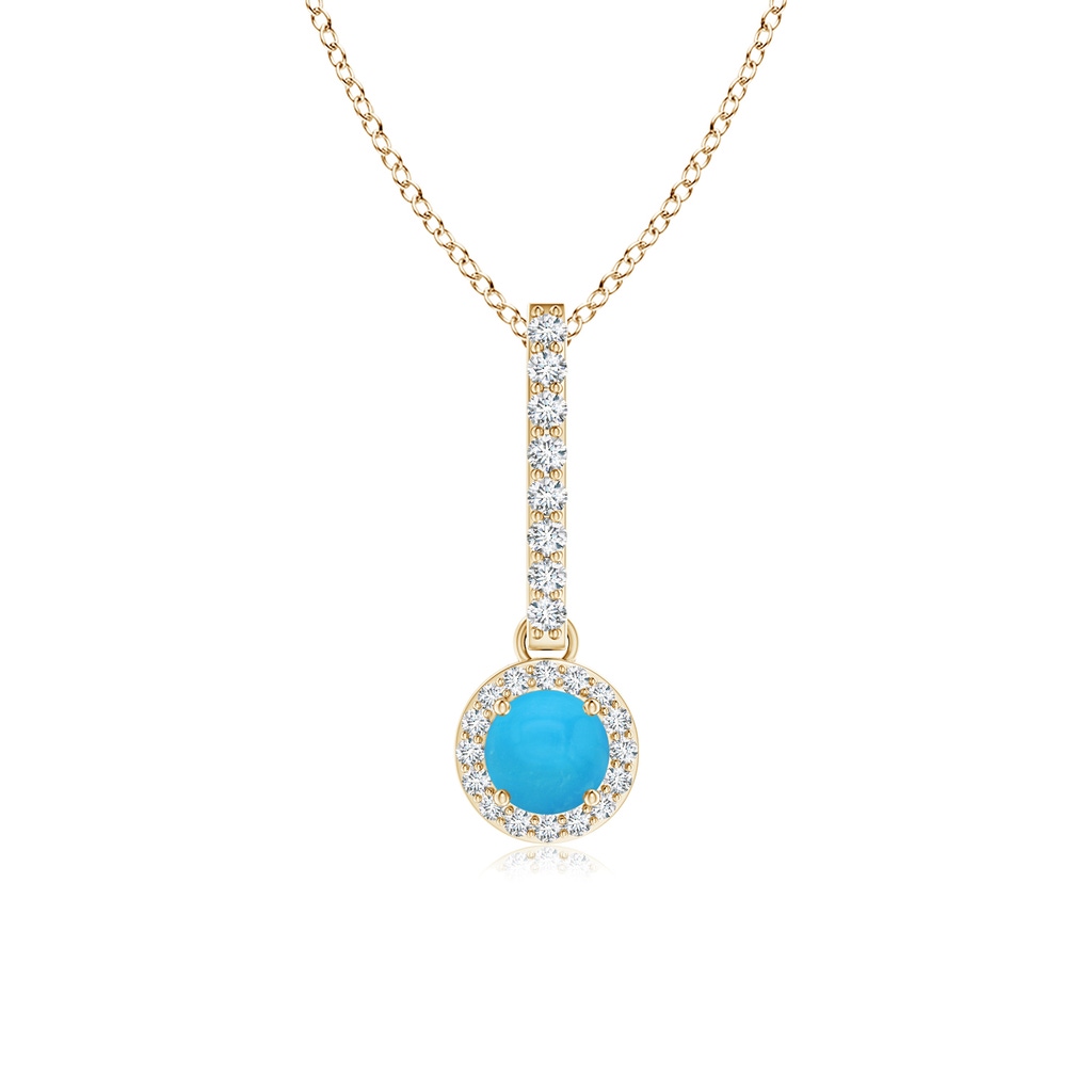 4mm AAAA Dangling Round Turquoise and Diamond Halo Pendant in Yellow Gold