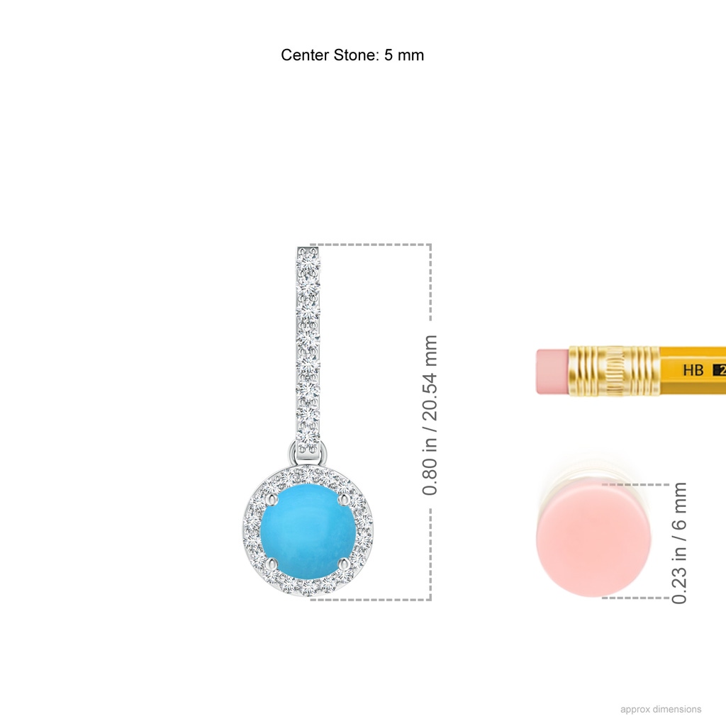 5mm AAA Dangling Round Turquoise and Diamond Halo Pendant in White Gold Ruler