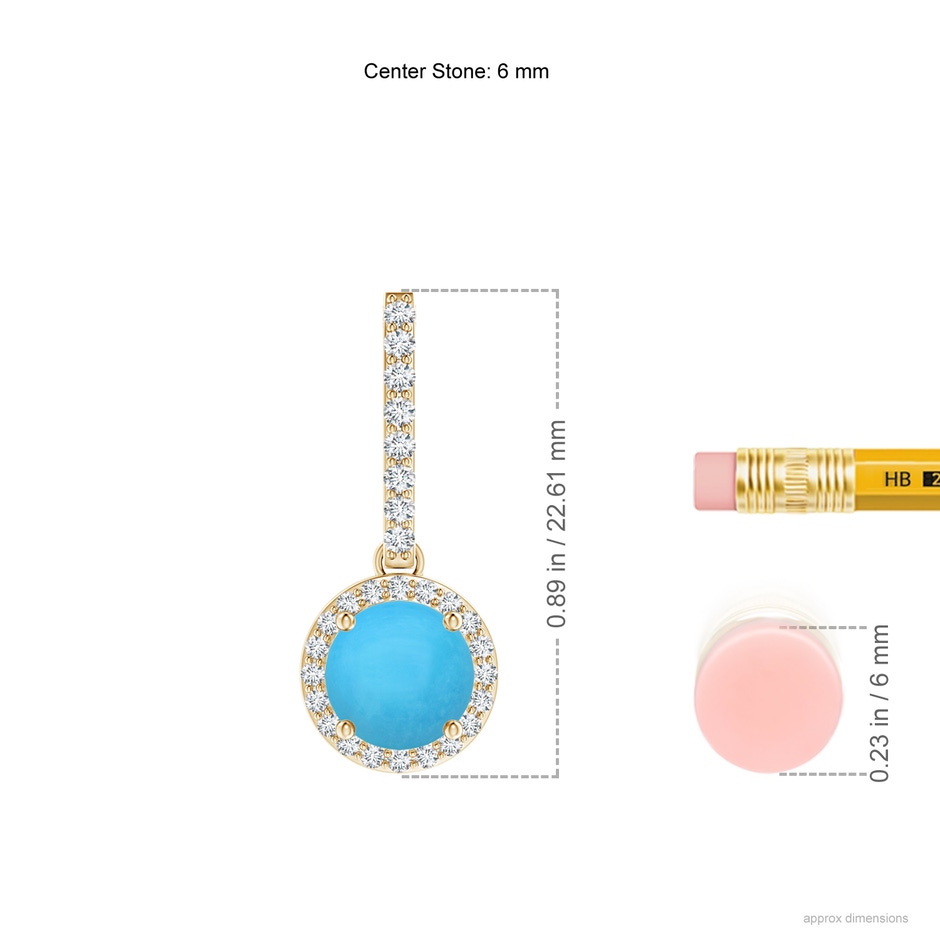 6mm AAA Dangling Round Turquoise and Diamond Halo Pendant in Yellow Gold ruler