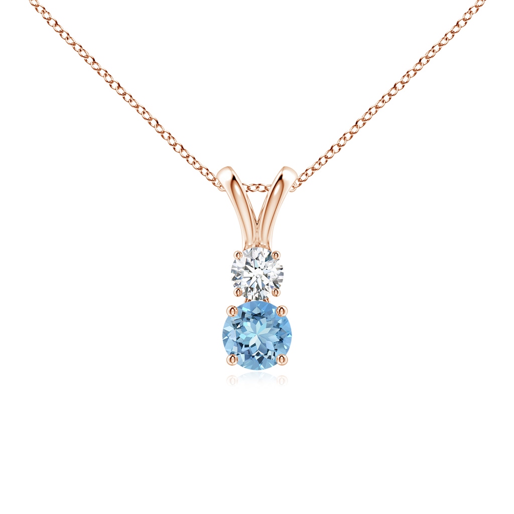 4mm AAAA Round Aquamarine and Diamond Two Stone Pendant in Rose Gold