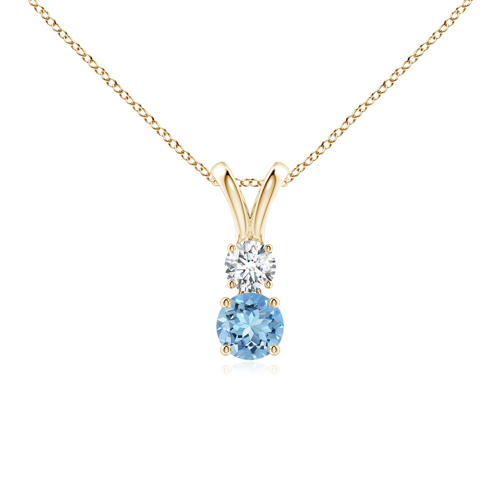 4mm AAAA Round Aquamarine and Diamond Two Stone Pendant in Yellow Gold