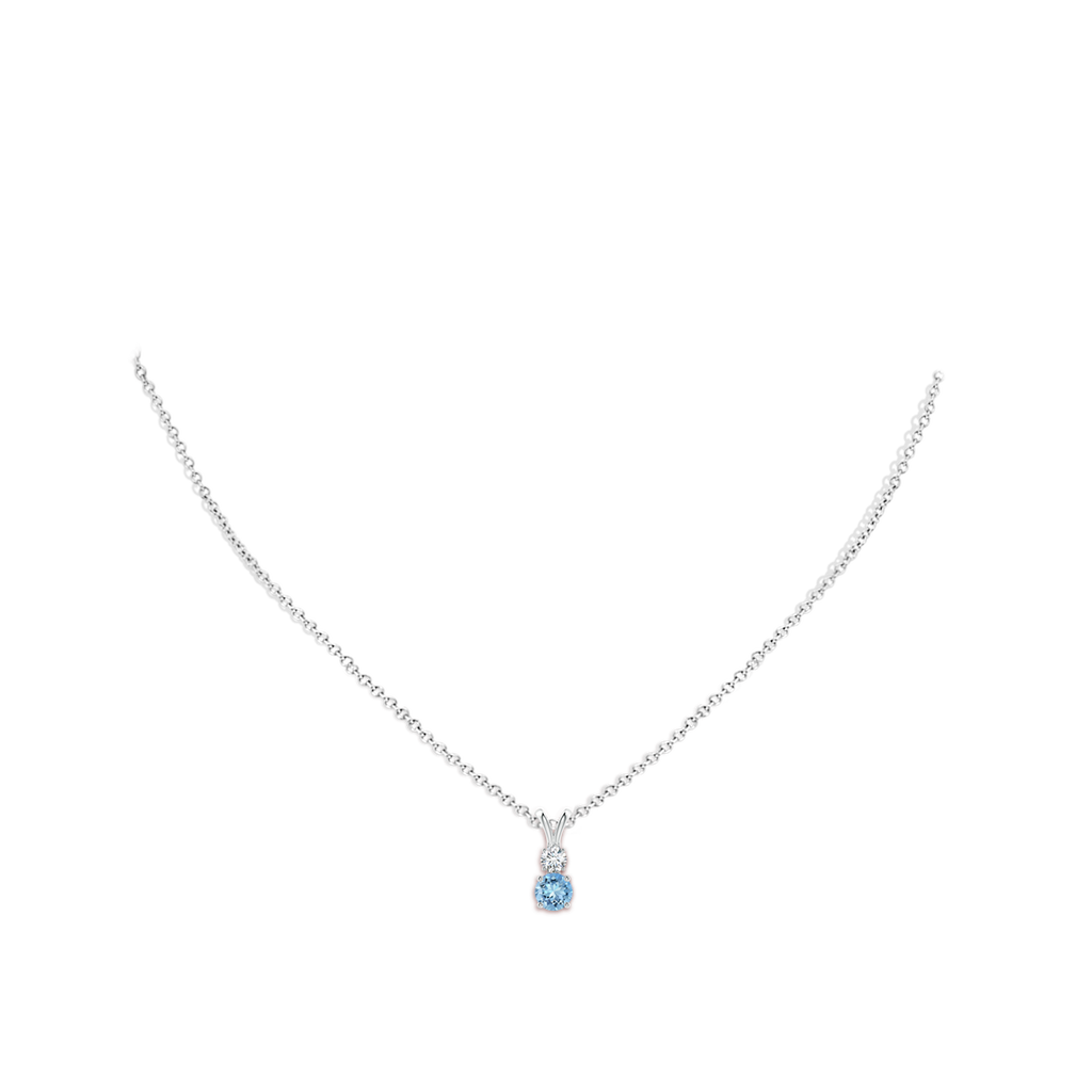 5mm AAAA Round Aquamarine and Diamond Two Stone Pendant in White Gold Body-Neck