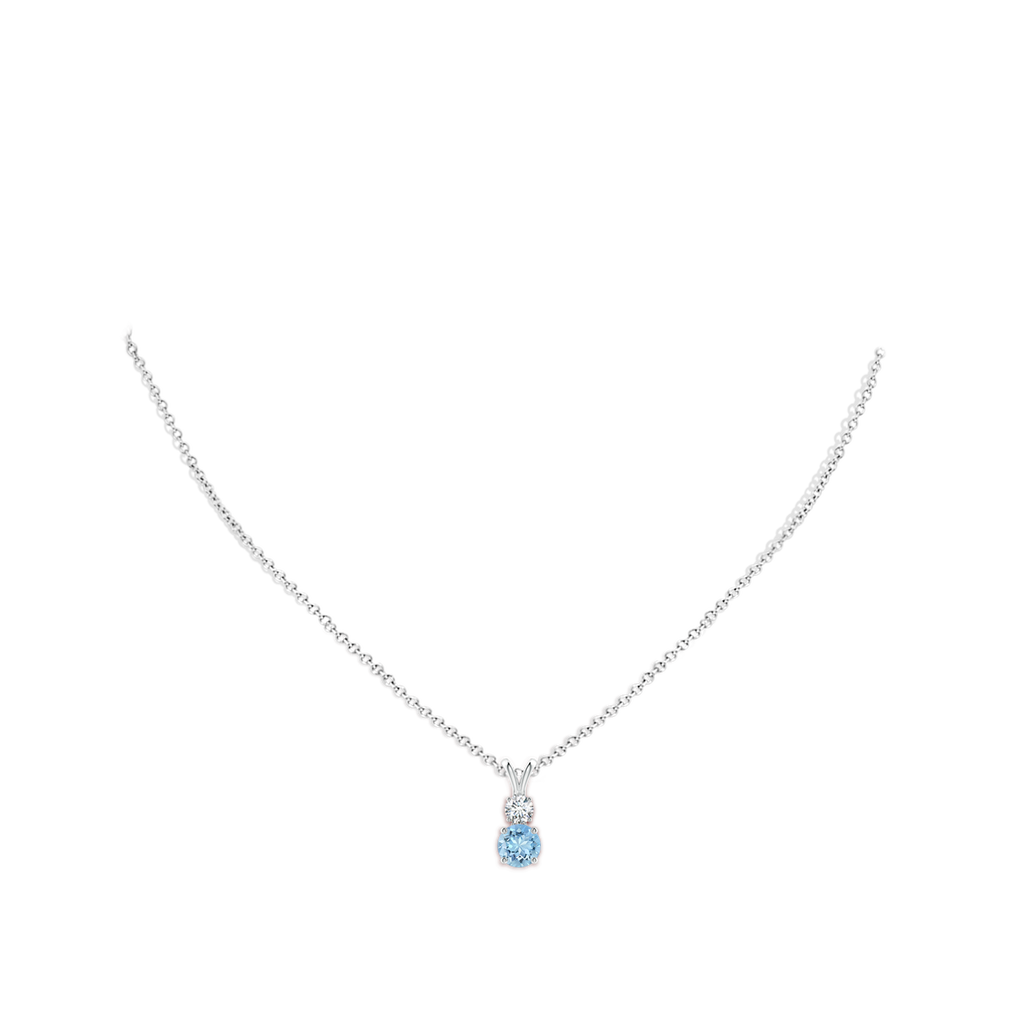 6mm AAAA Round Aquamarine and Diamond Two Stone Pendant in White Gold Body-Neck