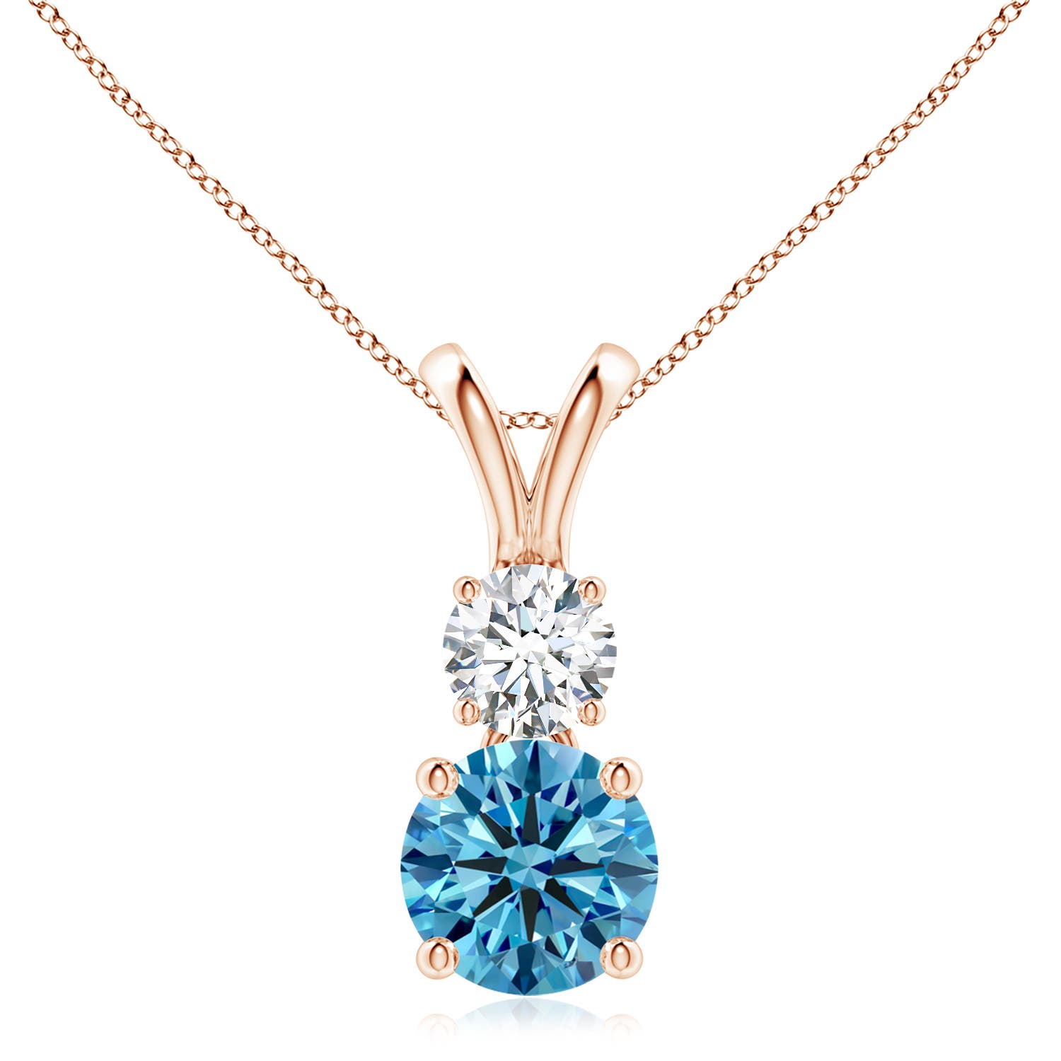 Angara 2.5 CTW Prong-Set Round Fancy Intense Blue and White Diamond Two Stone Pendant in 18K Rose Gold
