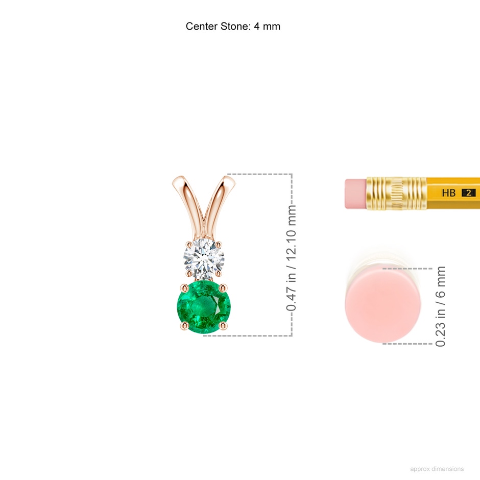 4mm AAA Round Emerald and Diamond Two Stone Pendant in Rose Gold ruler