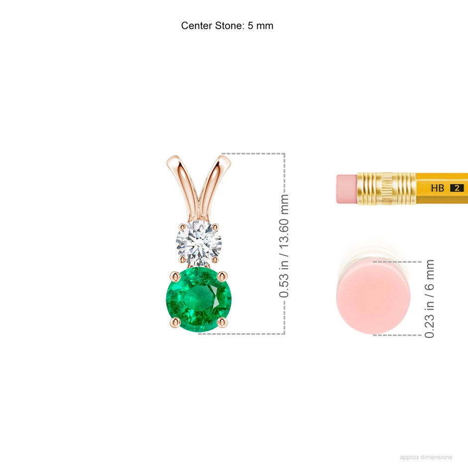 5mm AAA Round Emerald and Diamond Two Stone Pendant in Rose Gold ruler