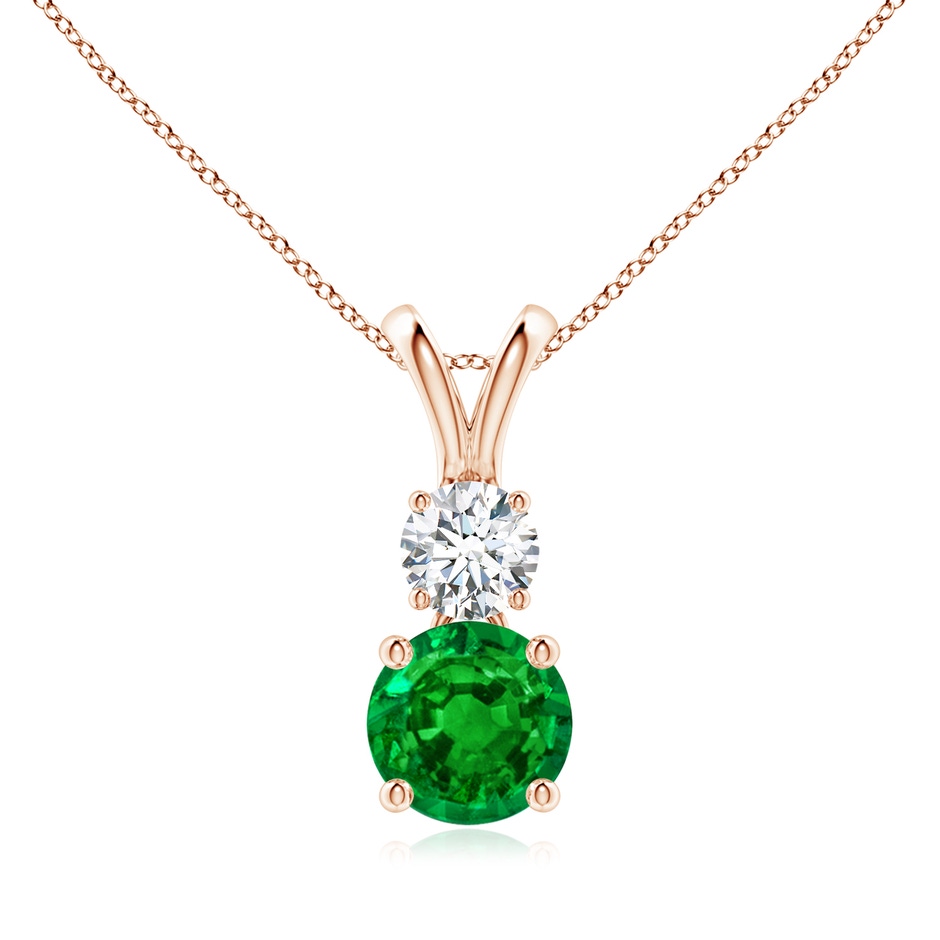 7mm AAAA Round Emerald and Diamond Two Stone Pendant in Rose Gold 
