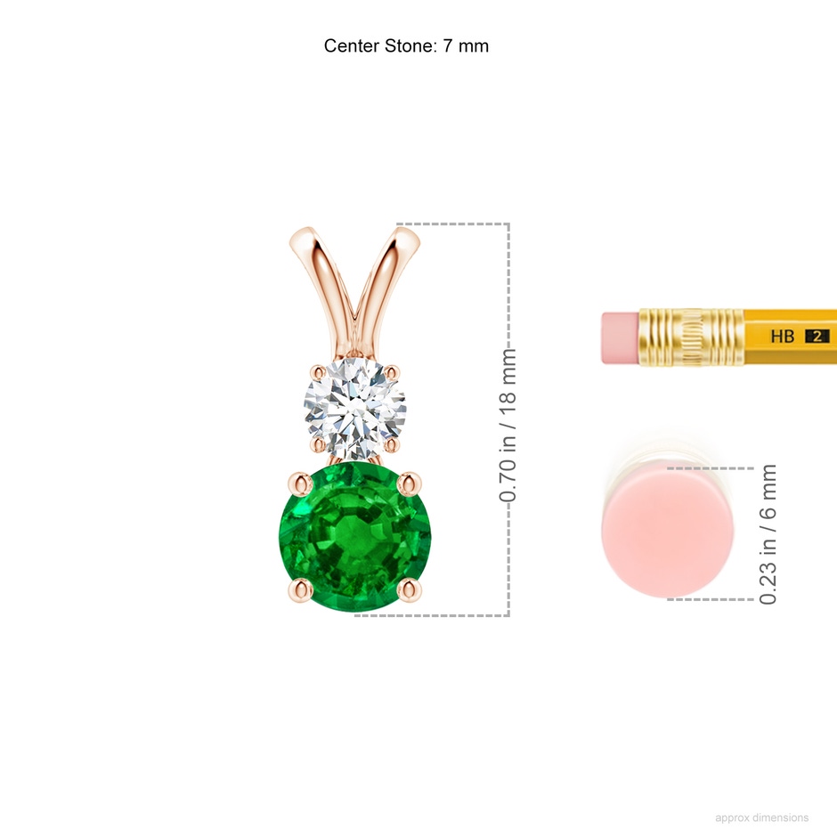 7mm AAAA Round Emerald and Diamond Two Stone Pendant in Rose Gold ruler
