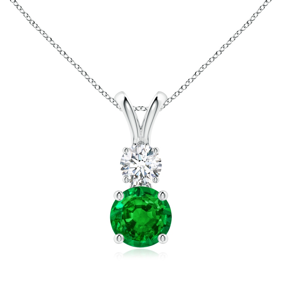 7mm AAAA Round Emerald and Diamond Two Stone Pendant in White Gold 