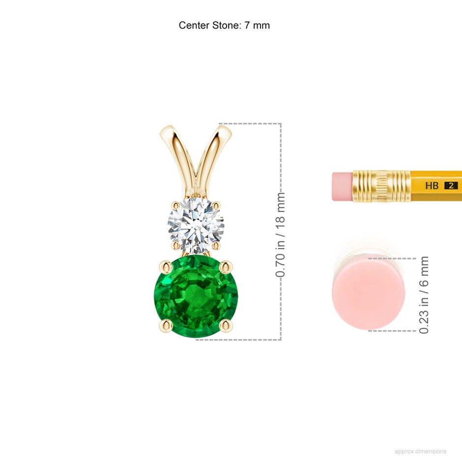 7mm AAAA Round Emerald and Diamond Two Stone Pendant in Yellow Gold ruler