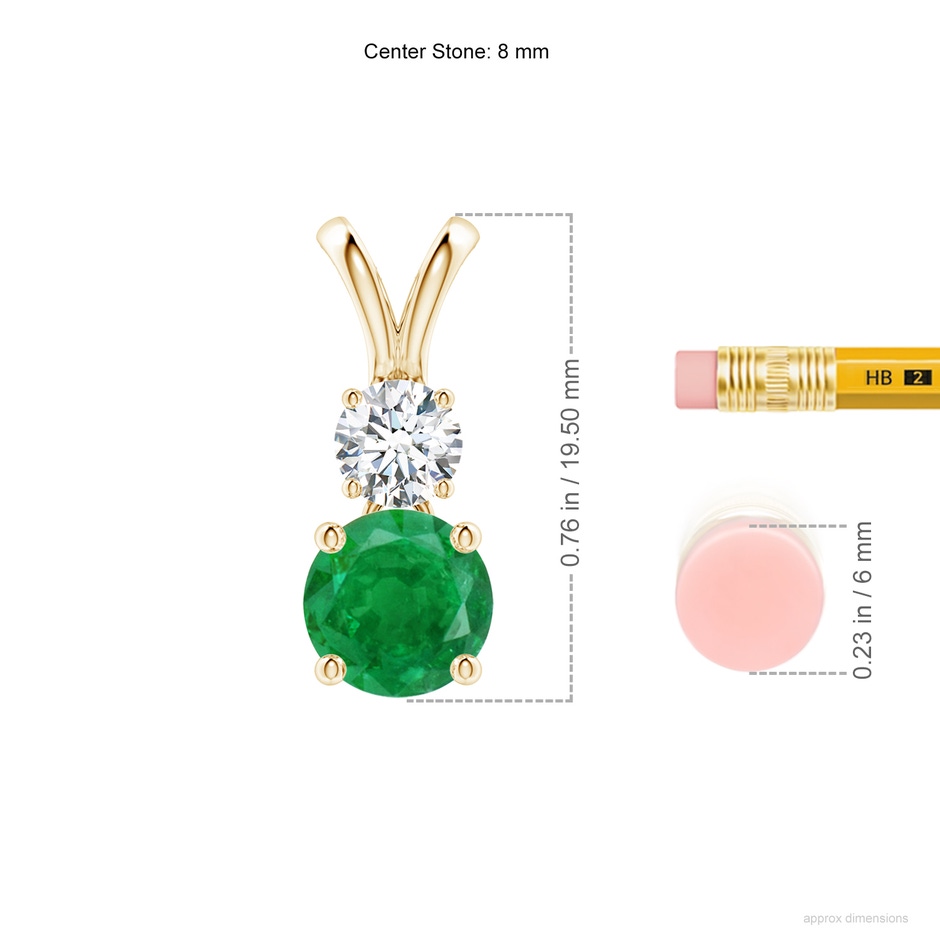 8mm AA Round Emerald and Diamond Two Stone Pendant in Yellow Gold ruler