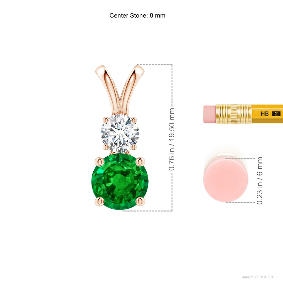 8mm AAAA Round Emerald and Diamond Two Stone Pendant in Rose Gold ruler