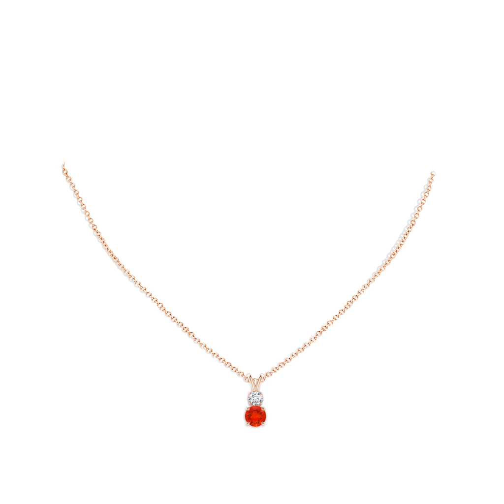 6mm AAAA Round Fire Opal and Diamond Two Stone Pendant in Rose Gold Body-Neck