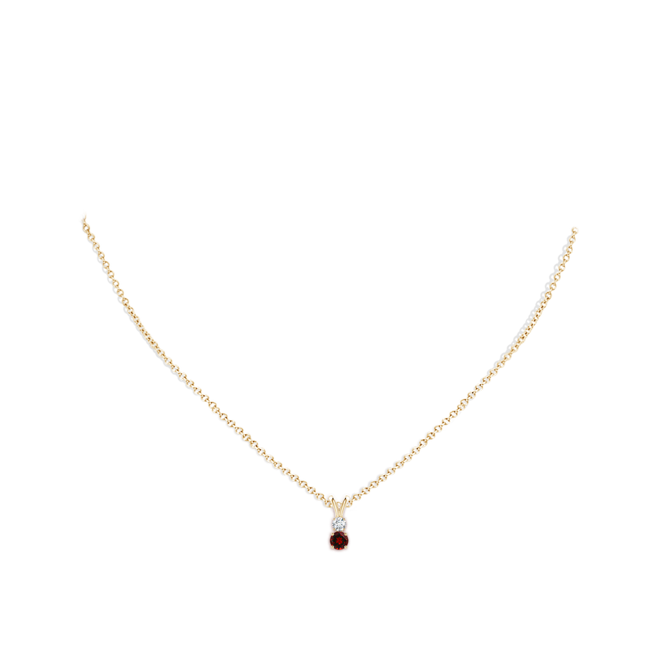 4mm AAAA Round Garnet and Diamond Two Stone Pendant in Yellow Gold body-neck