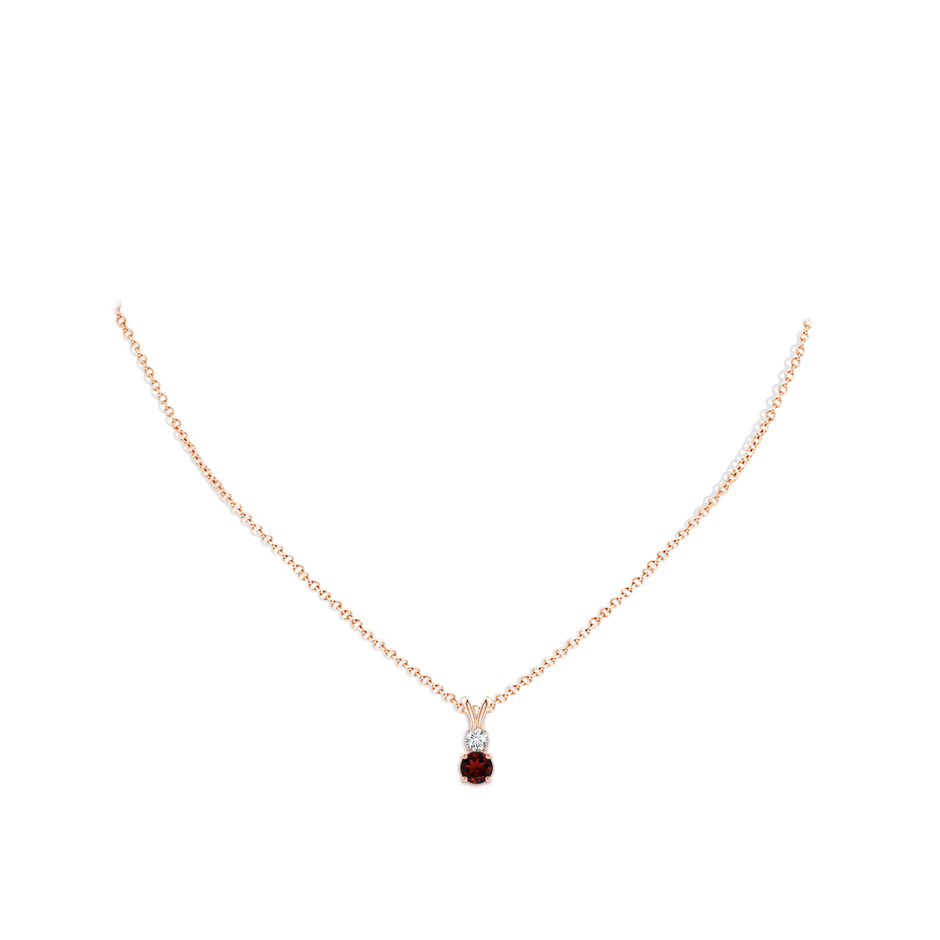 5mm AAA Round Garnet and Diamond Two Stone Pendant in Rose Gold body-neck