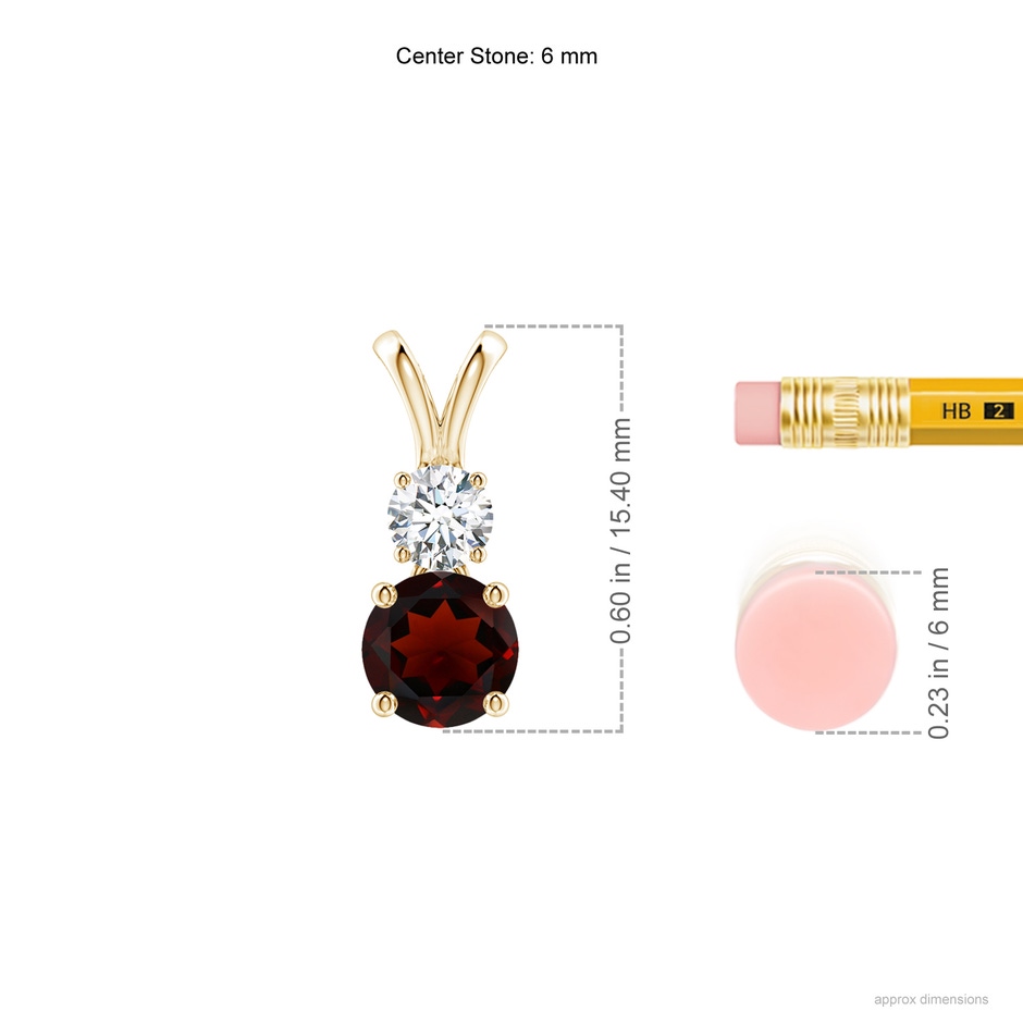 6mm AA Round Garnet and Diamond Two Stone Pendant in Yellow Gold ruler