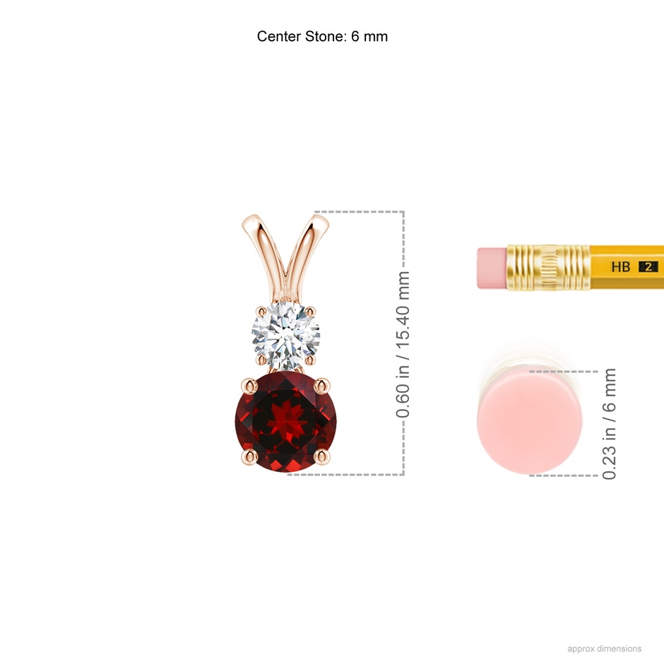 6mm AAAA Round Garnet and Diamond Two Stone Pendant in Rose Gold ruler