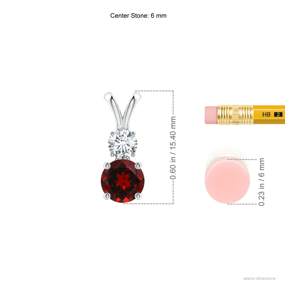 6mm AAAA Round Garnet and Diamond Two Stone Pendant in White Gold ruler