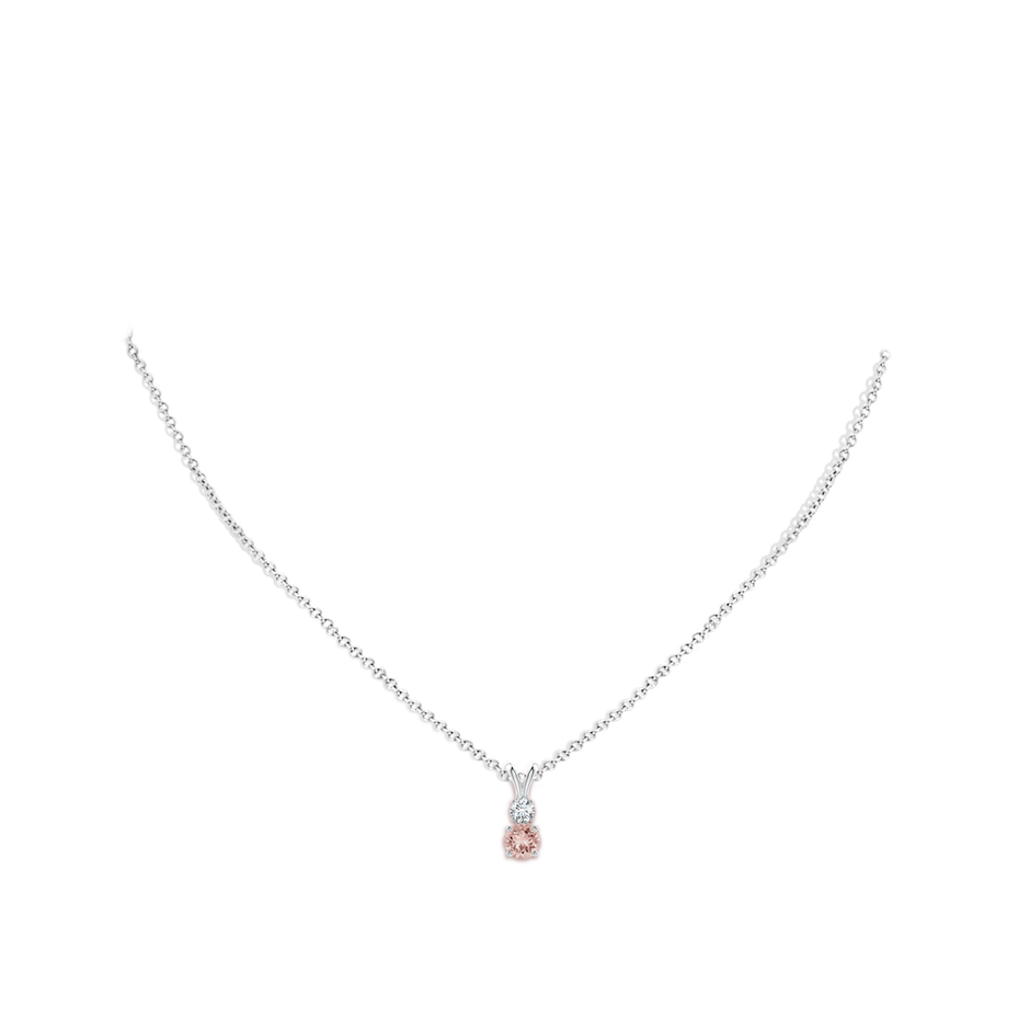 5mm AAAA Round Morganite and Diamond Two Stone Pendant in White Gold body-neck