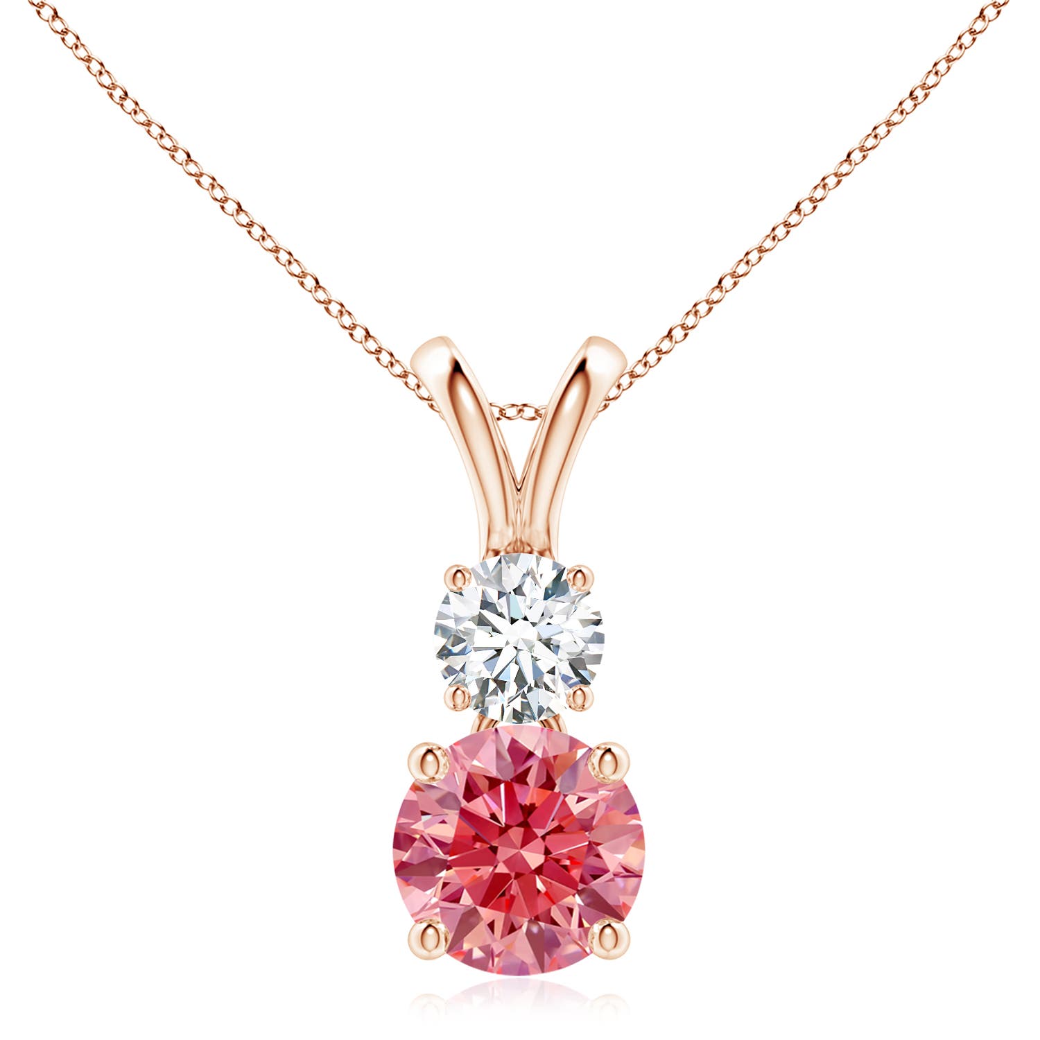 Angara 2.5 CTW Prong-Set Round Fancy Intense Pink and White Diamond Two Stone Pendant in 18K Rose Gold