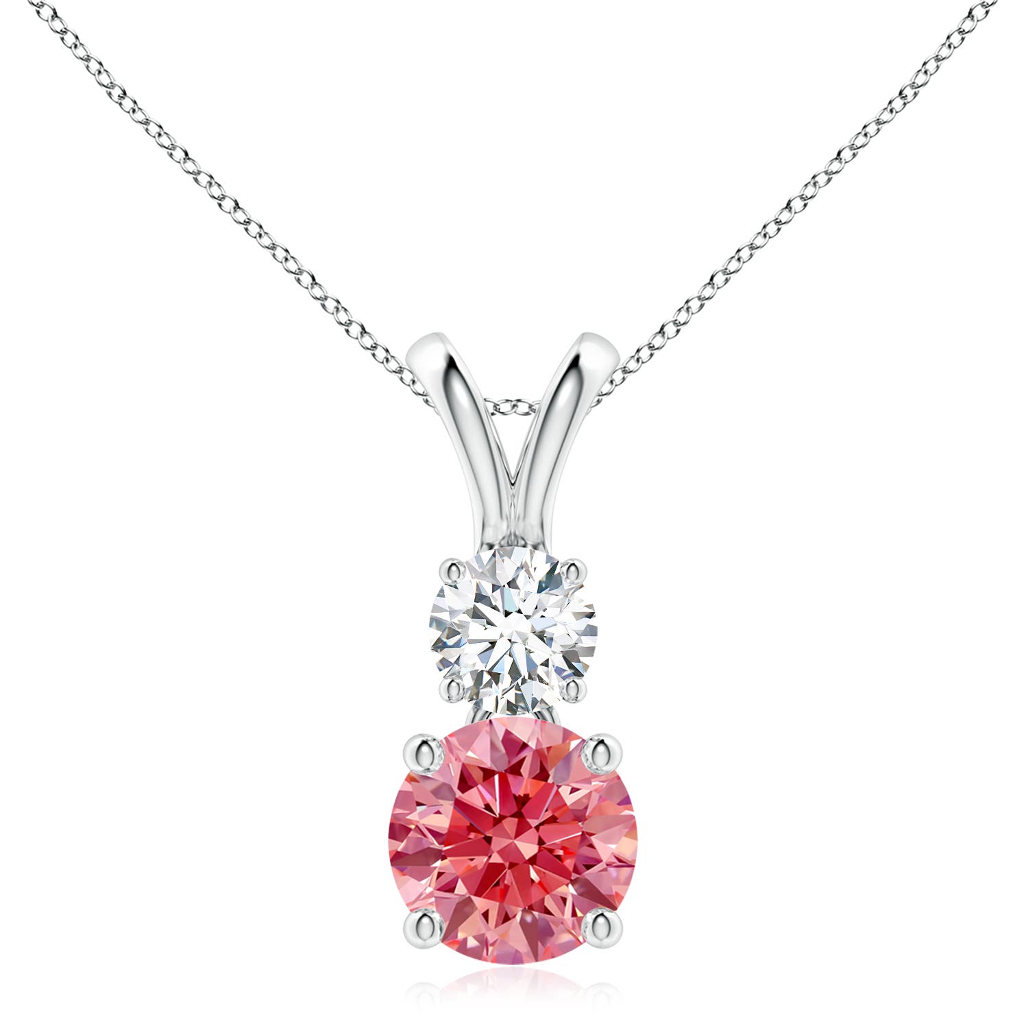 Angara 2.5 CTW Prong-Set Round Fancy Intense Pink and White Diamond Two Stone Pendant in 18K White Gold
