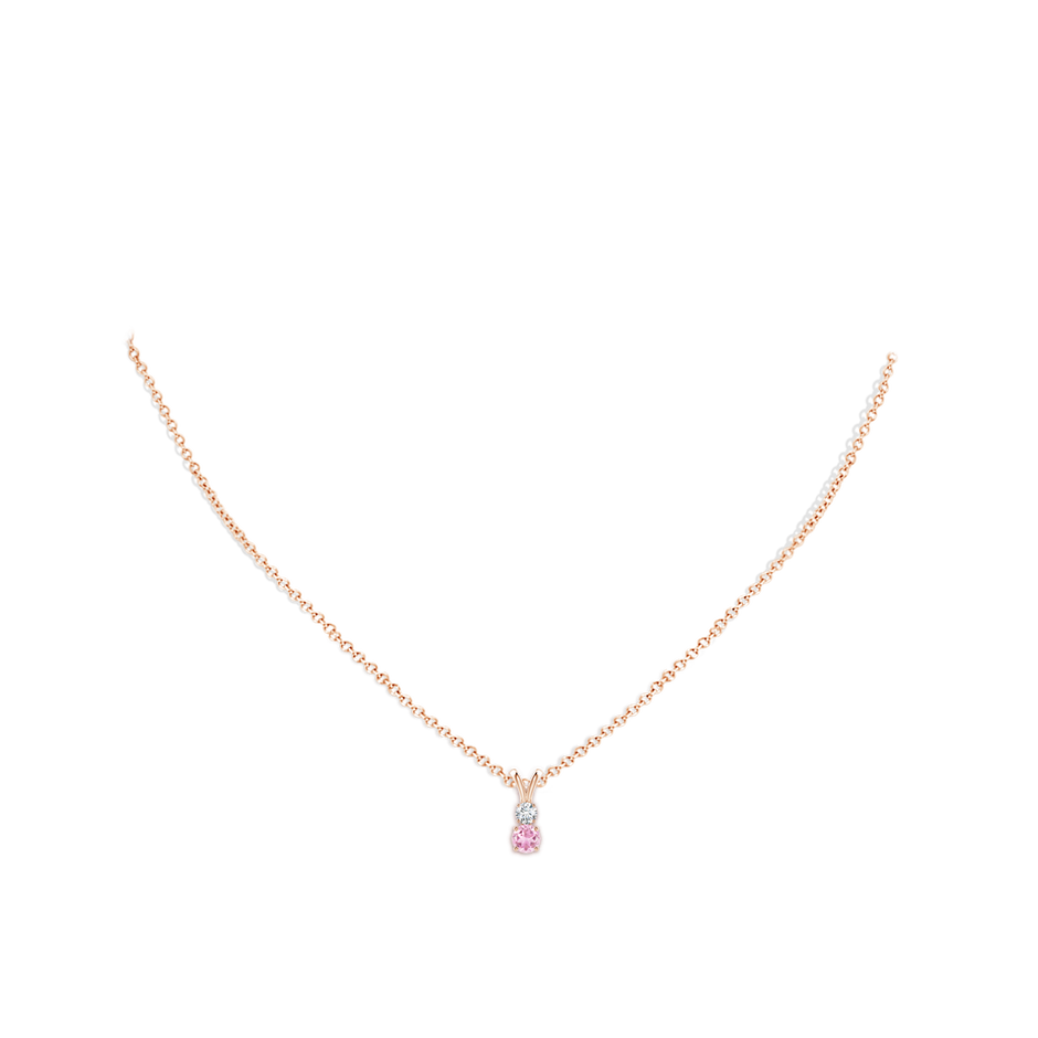 4mm A Round Pink Tourmaline and Diamond Two Stone Pendant in Rose Gold body-neck