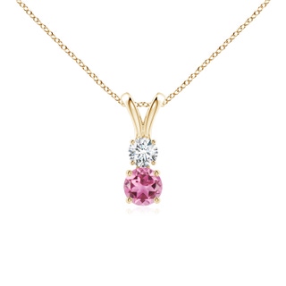 4mm AAA Round Pink Tourmaline and Diamond Two Stone Pendant in Yellow Gold