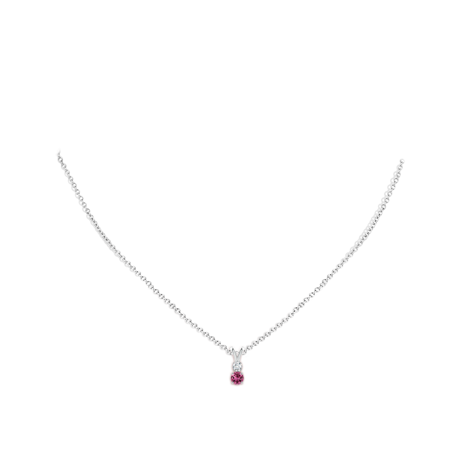 4mm AAAA Round Pink Tourmaline and Diamond Two Stone Pendant in White Gold body-neck